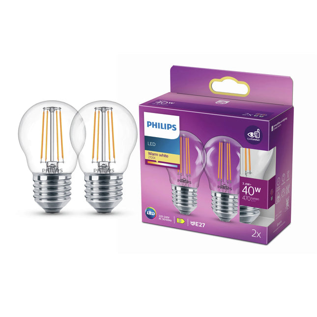 PHILIPS - Lamp - E14 - 40 W - 470 Lumens - 2700 K - Bright - Pear - Duo Pack image