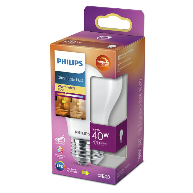 PHILIPS - Light Bulb - E27 - 40 W - 470 Lumen - 2200 K - 2700 K - Frosted - Bulb - Warm Glow image