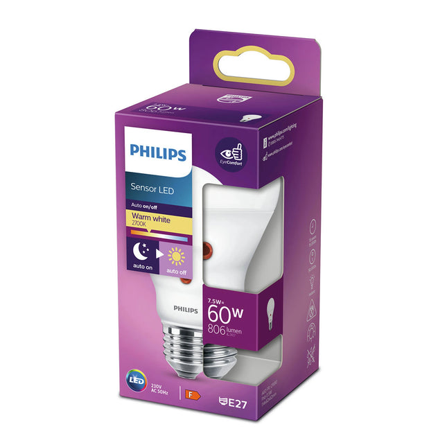 PHILIPS - Sensor Led - E27 - 60 W - 806 Lumen - 2700 K - Frosted - Bulb - Day - Night Switch image