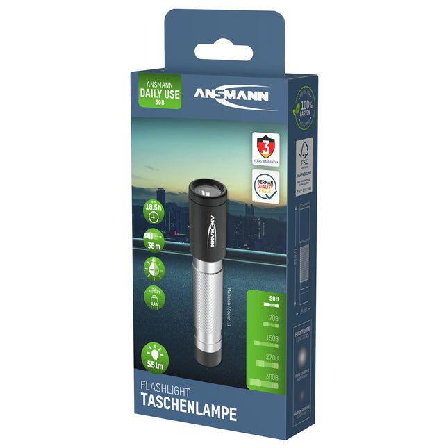ANSMANN - Flashlight - 50B - 55 lumens - Black + Silver - 1x AAA battery image