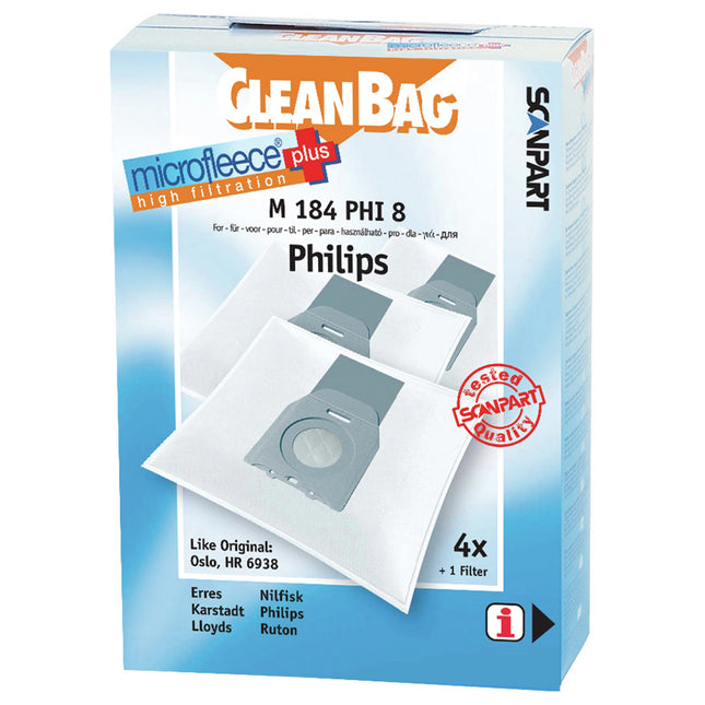 CLEANBAG M184PHI-8 4 Dustbags 1 Microfilter - Suitable for Philips Oslo | Erres| Karstadt | Lloyds | Nilfisk | Philips | Ruton  HR6938 | HR6938/10 | Oslo image