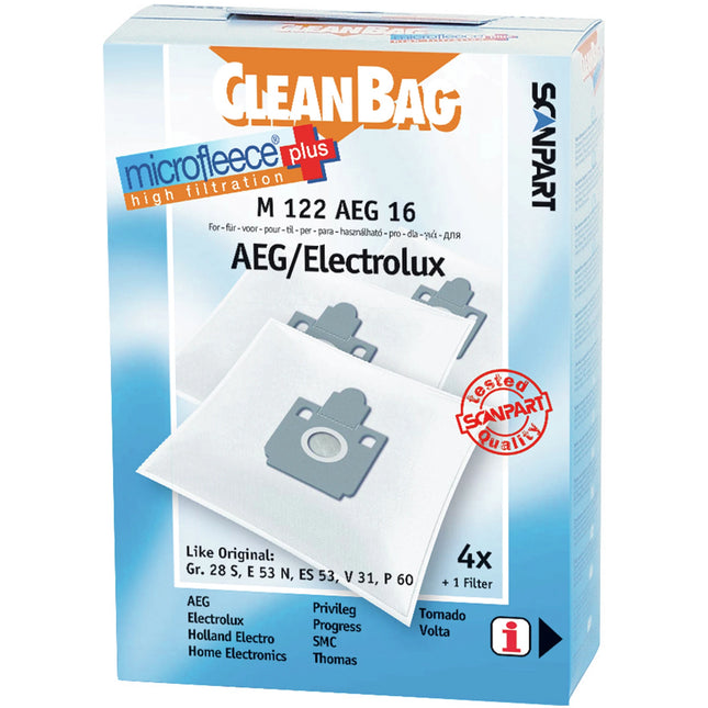 CLEANBAG M122AEG16 4 Dustbags 1 Microfilter - Suitable for AEG | Electrolux | Tornado | Volta | XXX GR28 S | E53N | ES53 | V31 | P60 image