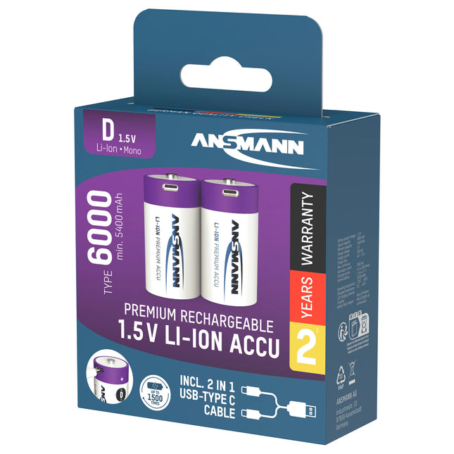 ANSMANN - rechargeable battery Li-Ion 2x D 6000mAh + cable image