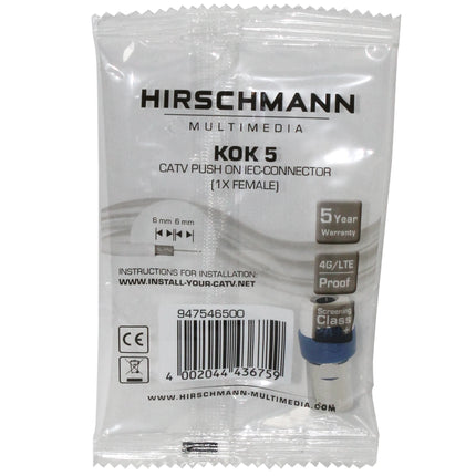 HIRSCHMANN - Plug - COAX -  COAX (Female) - Push on connector|KOS 5|Kabelkeur image