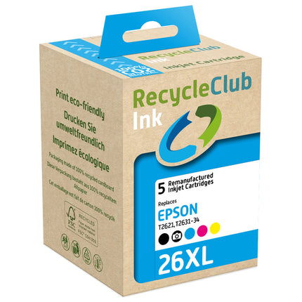 RECYCLECLUB XL Cartridge 26XL - Multipack - Black + Cyan + Magenta + Yellow + Photo Black - Suitable for Epson image
