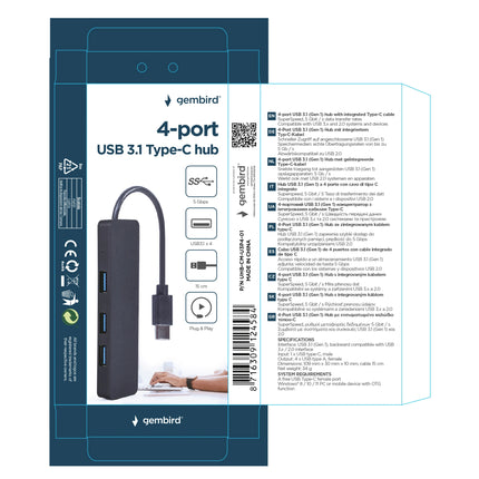 GEMBIRD - Docking station - USB-C (Male) - 4 x USB-A (Female) 0.15 m  USB 3.1 image